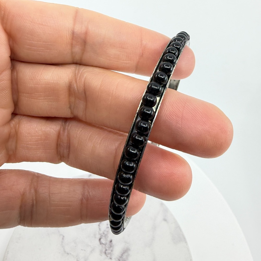 Y2K Black Bead Bangle Bracelet Slim Silver Tone Stackable Minimalist Jewelry